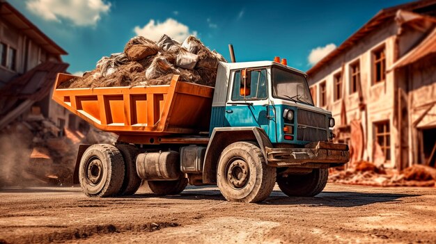 Photo heavy duty equipment on road at construction site with heavy machinery