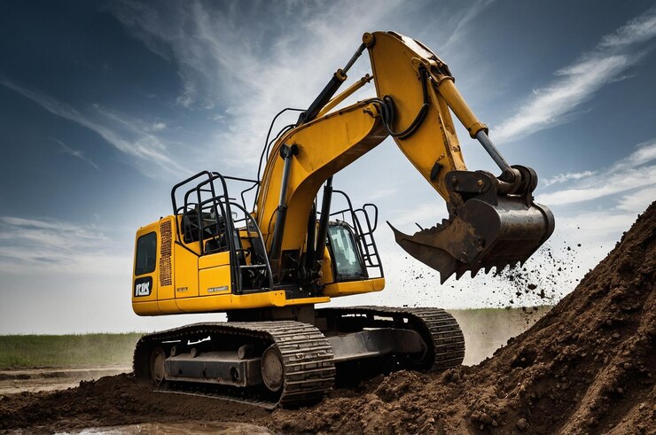 Photo heavy equipment with excavator bucket digging deep