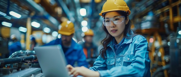 At the heavy industry manufacturing facility male and female industrial engineers use laptops while speaking with factory workers