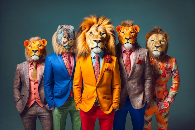 Photo heavy lion mob pack anthropomorphic vibrant colors, generative ai