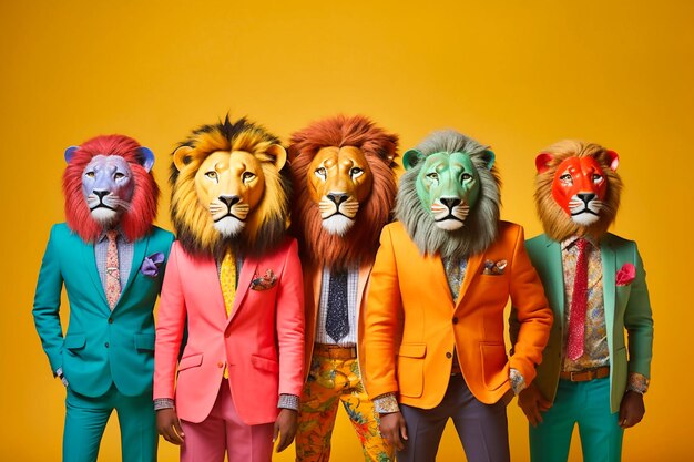 Photo heavy lion mob pack anthropomorphic vibrant colors, generative ai