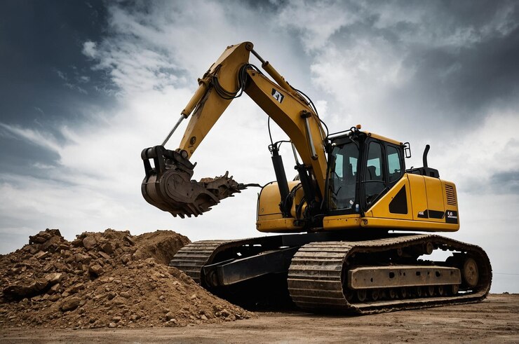 Photo heavy machinery with drill attachments for rock breaking