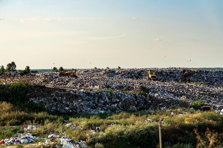 Photo heavy machinery works at a sprawling landfill filled with heaps of waste the landscape is dotted