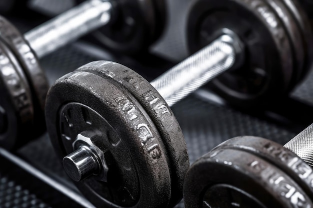 Heavy metal dumbbells closeup The concept of sports equipment and training Generative AI