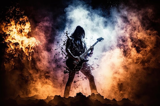 Heavy metal gitarist speelt epische solo op het podium omringd door rook en vlammen