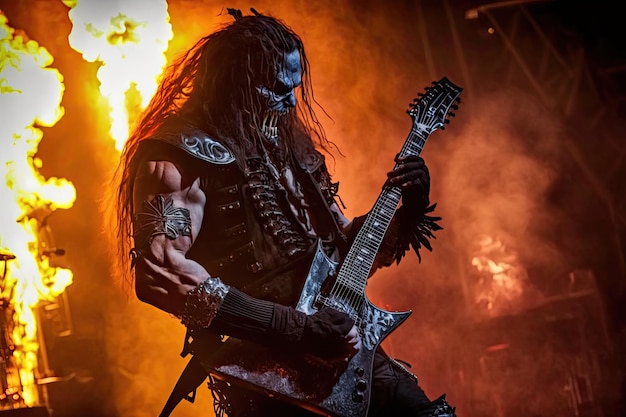 Photo heavy metal guitarist performing on stage with flames and smoke behind him