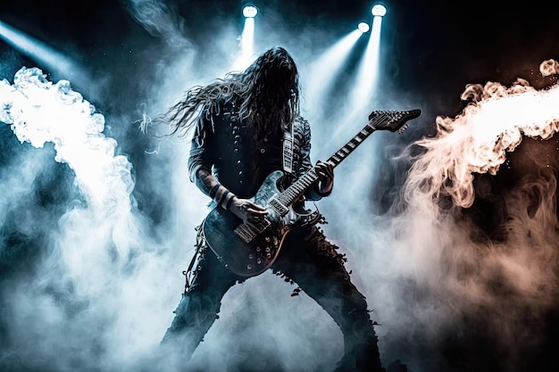 Heavy metal guitarist playing powerful solo in the smokefilled club