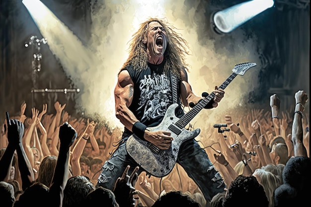 Photo heavy metal guitarist shredding away on stage with mass of fans cheering in the background