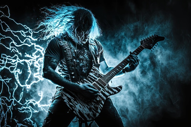 Photo heavy metal guitarist shredding on electric guitar in dark and brooding setting