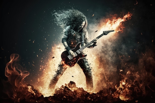 Premium Photo  Heavy metal guitarist shredding at full speed with smoke  and fire in the background