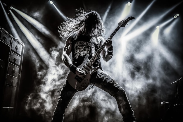 Photo heavy metal guitarist shredding the night away in dimlylit club