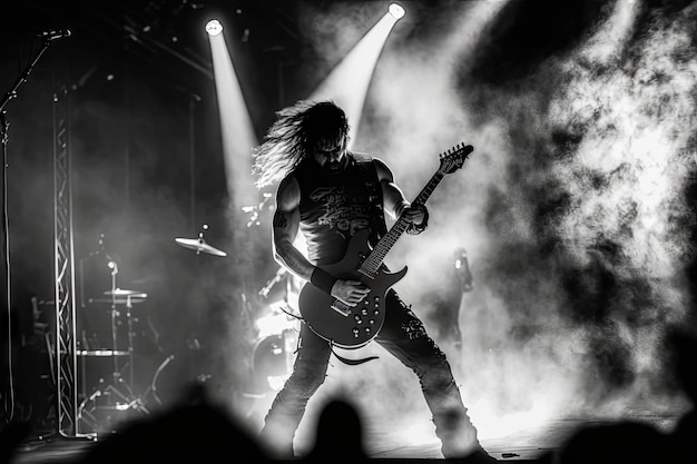 Фото Гитарист хэви-метала с размытым движением и дымной атмосферой исполняет динамичное соло на сцене