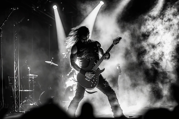 Photo heavy metal guitarist with blurred motion and smokey atmosphere performing dynamic solo on stage