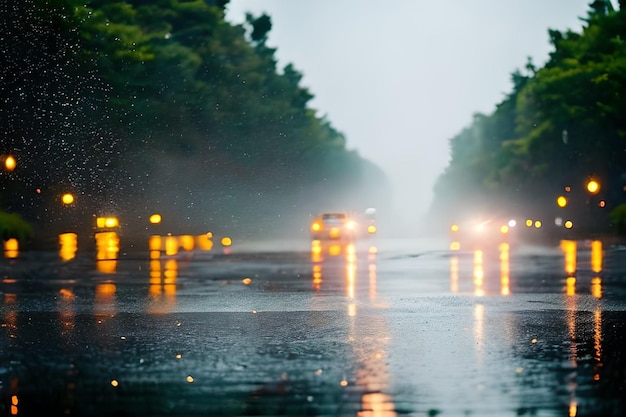 Heavy rain drop at middle of the road surface bokeh background