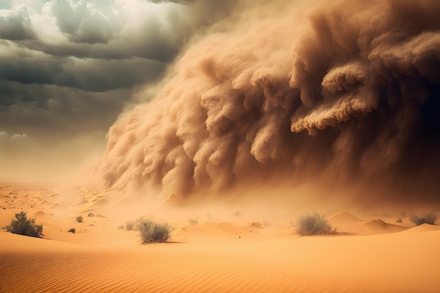 Heavy sand and dust storm above desert land on hot summer day. Danger and power of wild nature.