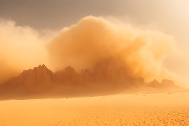 Heavy sand and dust storm above desert land on hot summer day