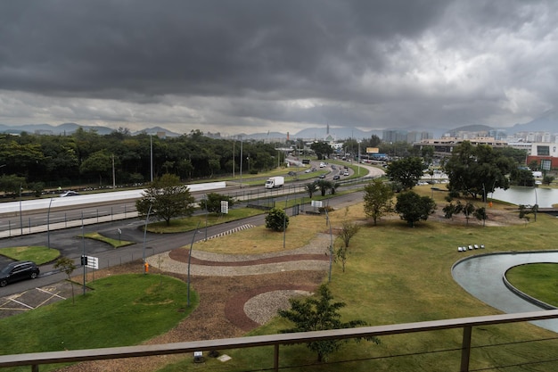 Heavy traffic on Avenida Ayrton Senna in the Barra da Tijuca neighborhood in the west side of the city of Rio de Janeiro Cloudy day Rio de Janeiro Brazil August 2022