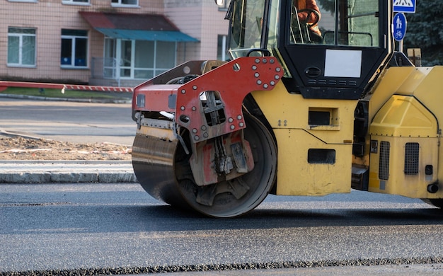 Heavy Vibration roller at asphalt pavement working Repairing