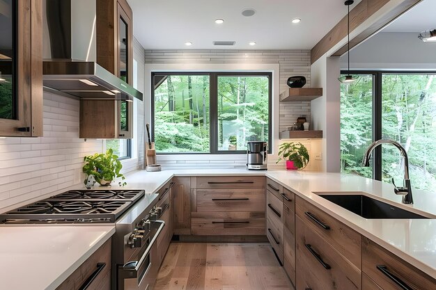 Hedendaags huis op het platteland met houten keukeninterieur met grote panoramische ramen