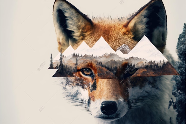 Hedendaagse abstracte kunst dubbele belichting van rode vos en boslandschap Schitterend