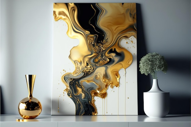 Hedendaagse abstracte kunst met gouden en levendige kleuren vloeibare waterverf