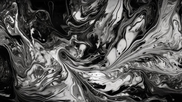 Hedendaagse acryl giet achtergrondverf wervelt in prachtige zwart-witte kleuren met witte deeltjes Generatieve AI