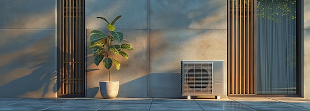 Hedendaagse airconditioningseenheid buiten op een betonnen plaat voor HVAC-doeleinden