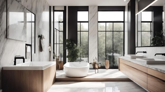 hedendaagse betonnen badkamer met ronde spiegel en douche