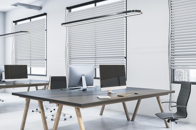 Hedendaagse betonnen coworking kantoorinterieur met meubilair, apparatuur, blinds en andere items 3D-rendering