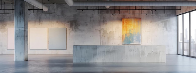 Hedendaagse betonnen galerijinterieur met mock-up plaats op muren en witte ramen Museumzaal