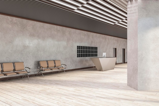 Hedendaagse betonnen marmeren kantoorlobby met houten vloeren receptiebalie en stoelen Wet en legaal commercieel werkplekconcept 3D Rendering