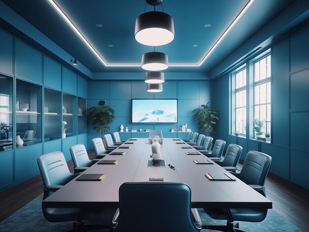 Hedendaagse blauwe vergaderzaal elegant ontwerp AI gegenereerd