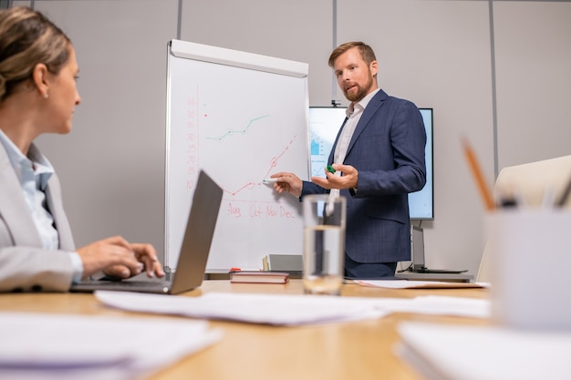 Hedendaagse coach wijzend op whiteboard terwijl hij naar zakenvrouw kijkt