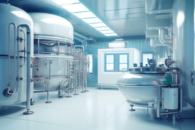 Hedendaagse geneesmiddelenproductie werkplaats interieur Ruimte heldere steriele kamer faciliteit met moderne industriële machines Vervaardigingsproces farmaceutische halfgeleiders biotechnologie 3D-rendering