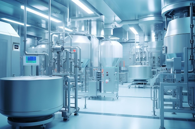 Hedendaagse geneesmiddelenproductie werkplaats interieur Ruimte heldere steriele kamer faciliteit met moderne industriële machines Vervaardigingsproces farmaceutische halfgeleiders biotechnologie 3D-rendering