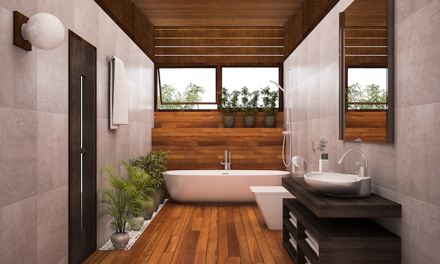 hedendaagse houten badkamer met planten
