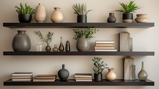 Foto hedendaagse huisstyling planken met planten en decoratie-elementen in een eenvoudig interieur