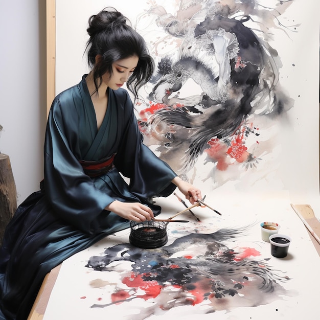 Foto hedendaagse japanse inktwas schilderijen