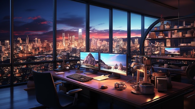 Hedendaagse kantoorinterieurhal met computers en nachtzicht op de stad Werkplek en levensstijl