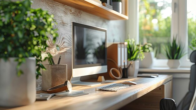 Hedendaagse kantooropstelling met een computer, planten en stijlvolle accessoires in een heldere ruimte