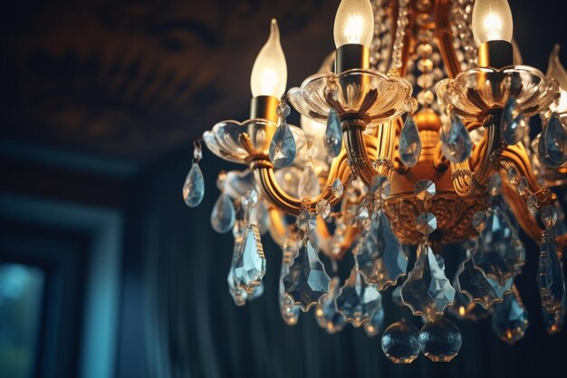 Hedendaagse kristallen kroonluchter in het interieur van de kamer Close-up Het interieur van een heldere generatieve AI