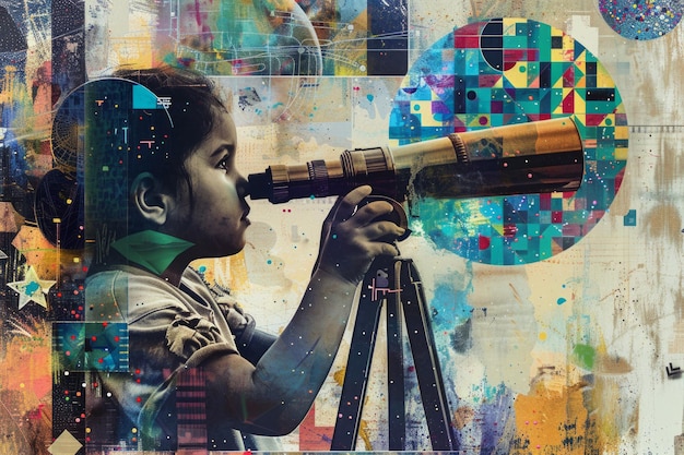 Hedendaagse kunstcollage met een kind dat door een telescoop naar de ruimte kijkt