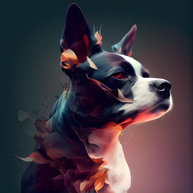 Hedendaagse kunstcollage met portret van een hond en herfstbladeren