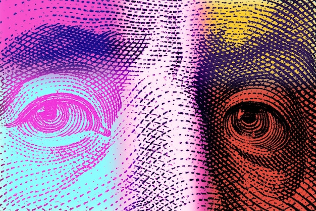 Hedendaagse kunstwerken close-up president bankbiljetten gezicht digitale textuur achtergrond trendy pop-art leuk