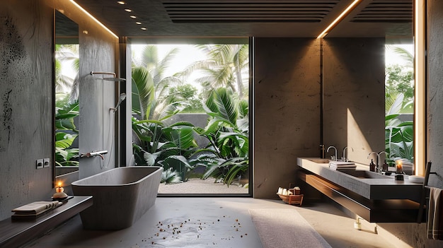Hedendaagse luxe badkamer met elegante ontwerpelementen die een serene ruimte voor ontspanning en comfort bieden
