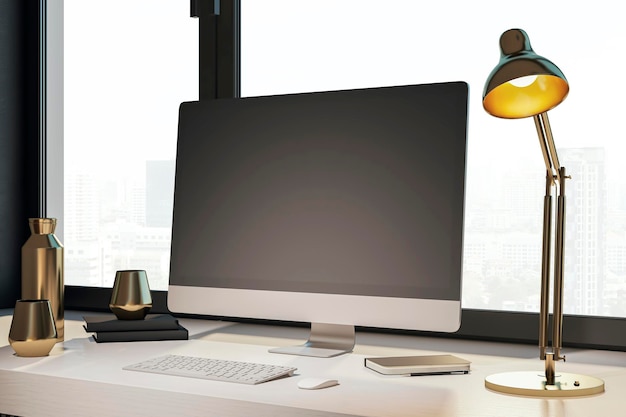 Hedendaagse ontwerper bureaublad met lege computer monitor lamp benodigdheden en andere items venster met uitzicht op de stad op de achtergrond Mock up 3D Rendering