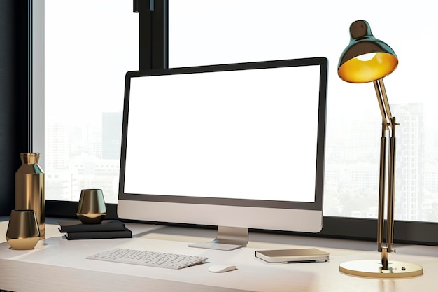 Hedendaagse ontwerper bureaublad met lege witte computer monitor lamp benodigdheden en andere items venster met uitzicht op de stad op de achtergrond Mock up 3D Rendering