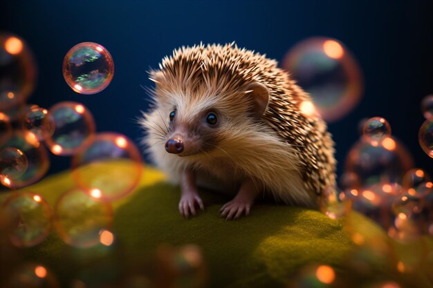 a hedge sitting on a green cushion surrounded by bubbles