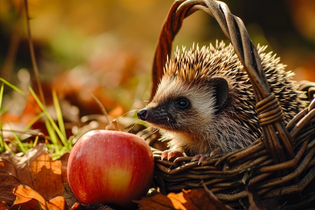 hedgehog and a apple in a basket