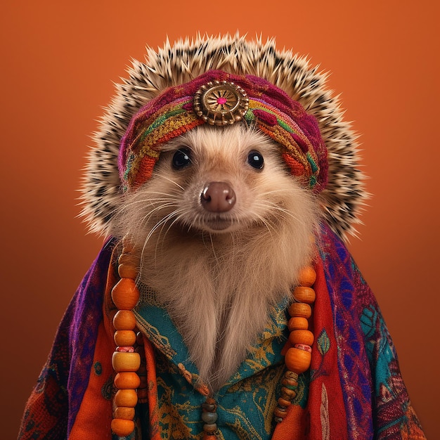 hedgehog in boho bohemian medieval hippie outfit with beads surreal